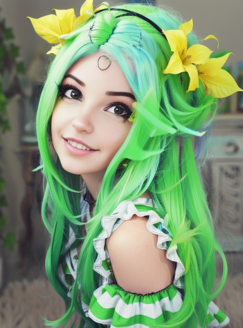 <lora:Bdelphine760x1024v2:1>A woman with green hair posing to the camera